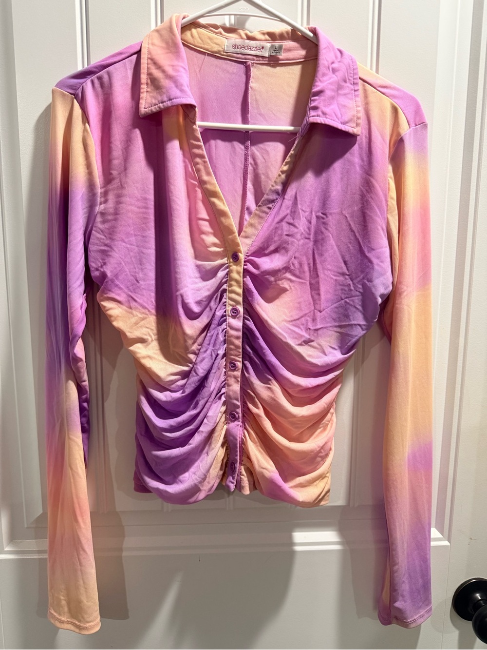 Shoe Dazzle Lavender and Peach Ombre Ruched Button-Front Shirt